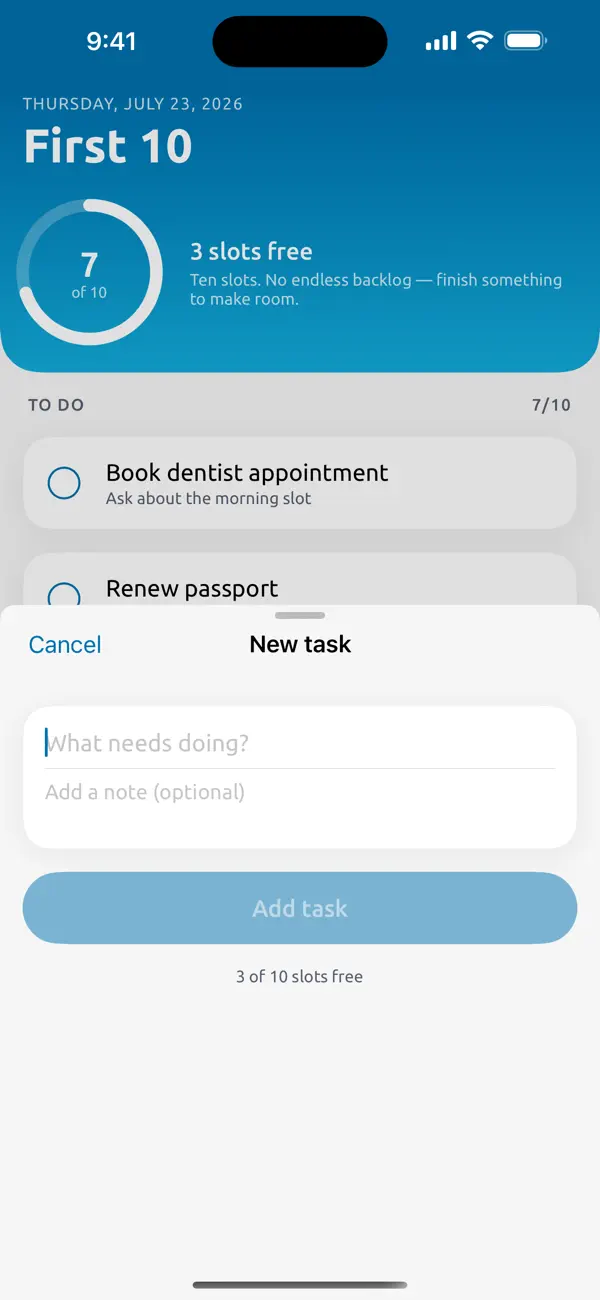 First10 To-Do add task sheet