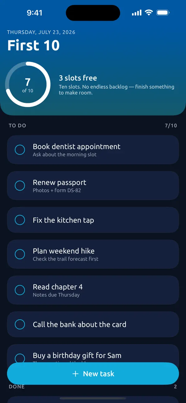 First10 To-Do in dark mode